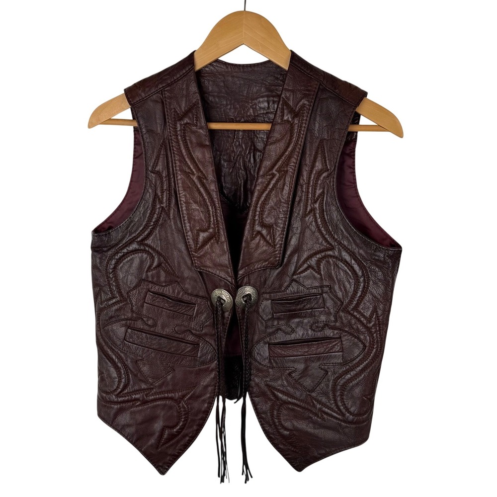 Vintage North Beach Leather Western Vest Dark Brown Tooled Conchos Mens SZ S